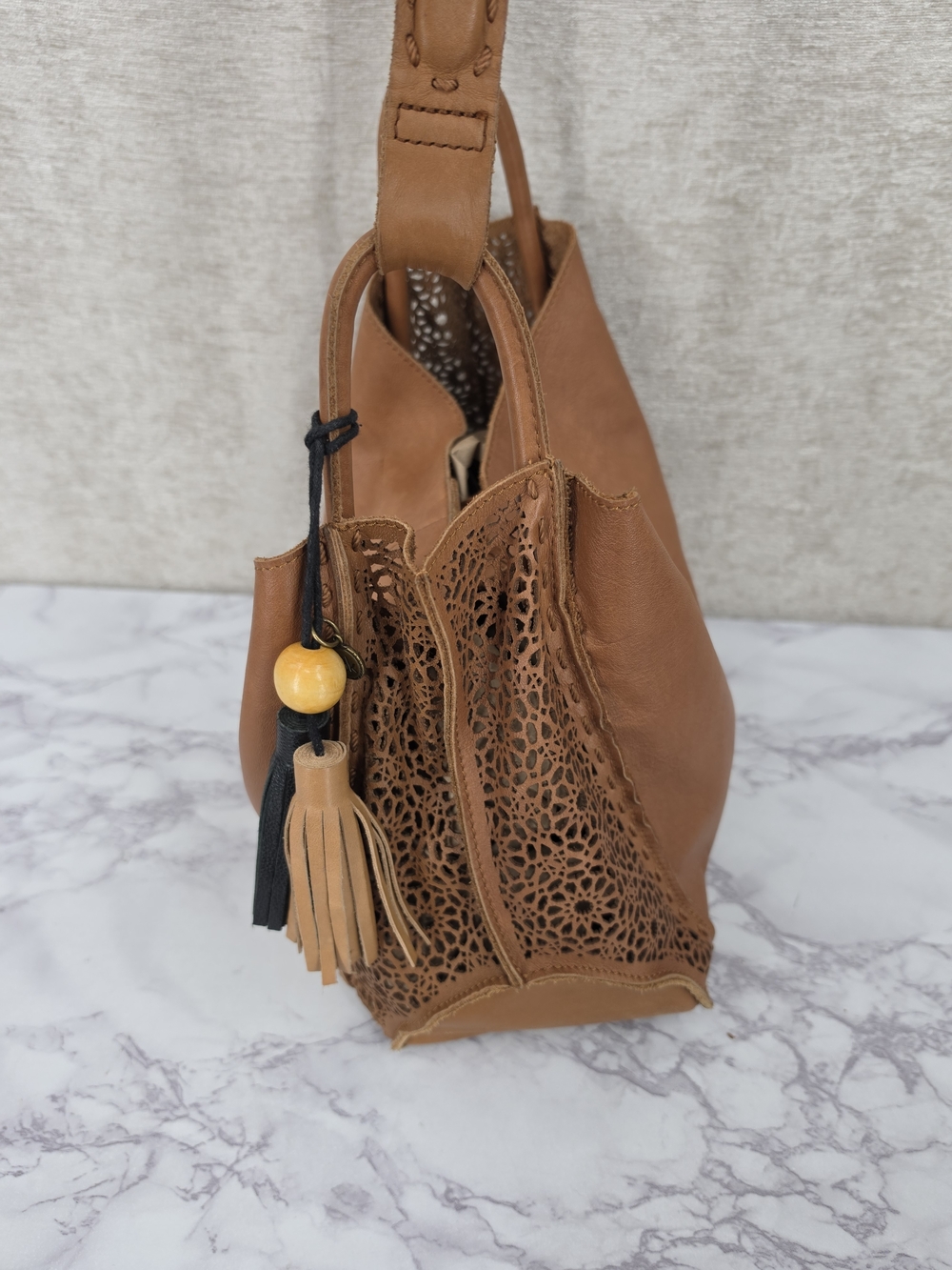 The Sak Brown Laser Cut Leather Handbag Fringe Tassel Charm LARGE WATER SPOT - Picture 6 of 12